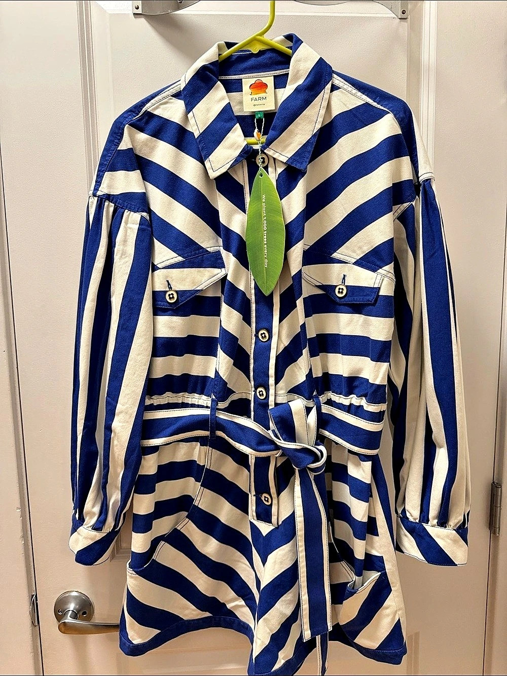 Farm Rio Striped Belted Romper in Blue & White NWT - Picture 1 of 4